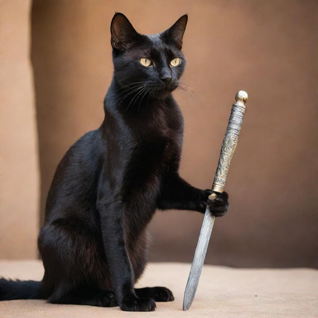 Majestic Black Egyptian Cat with Ancient Sword