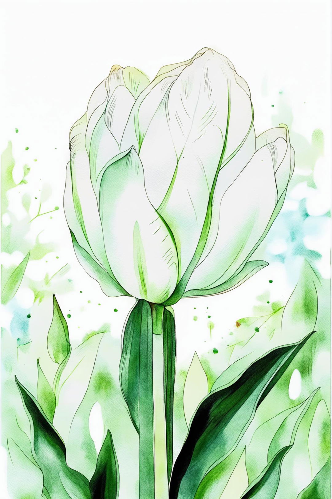 Serene White Tulip Watercolor Painting