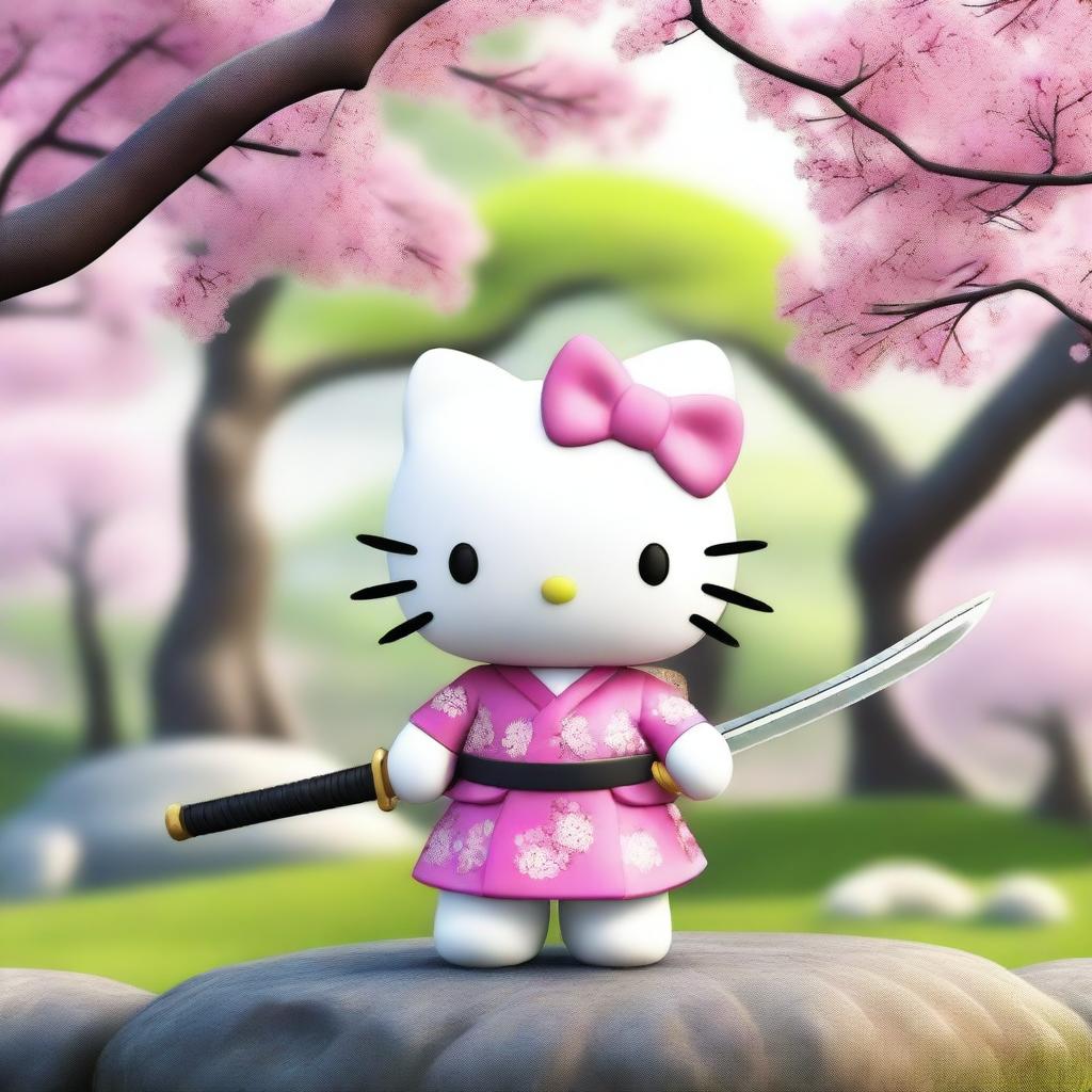 Feline Frenzy: Hello Kitty Wields a Katana