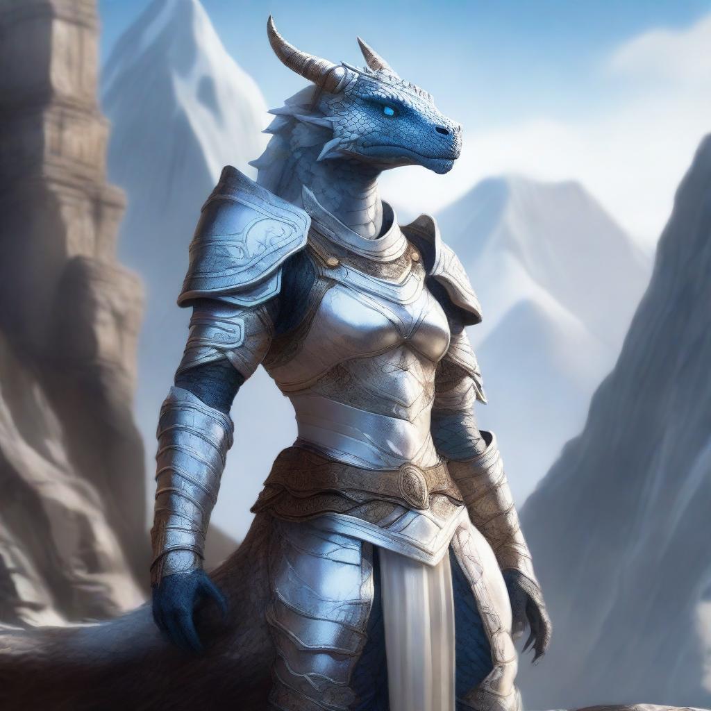 Majestic Female Dragonborn in White Armor