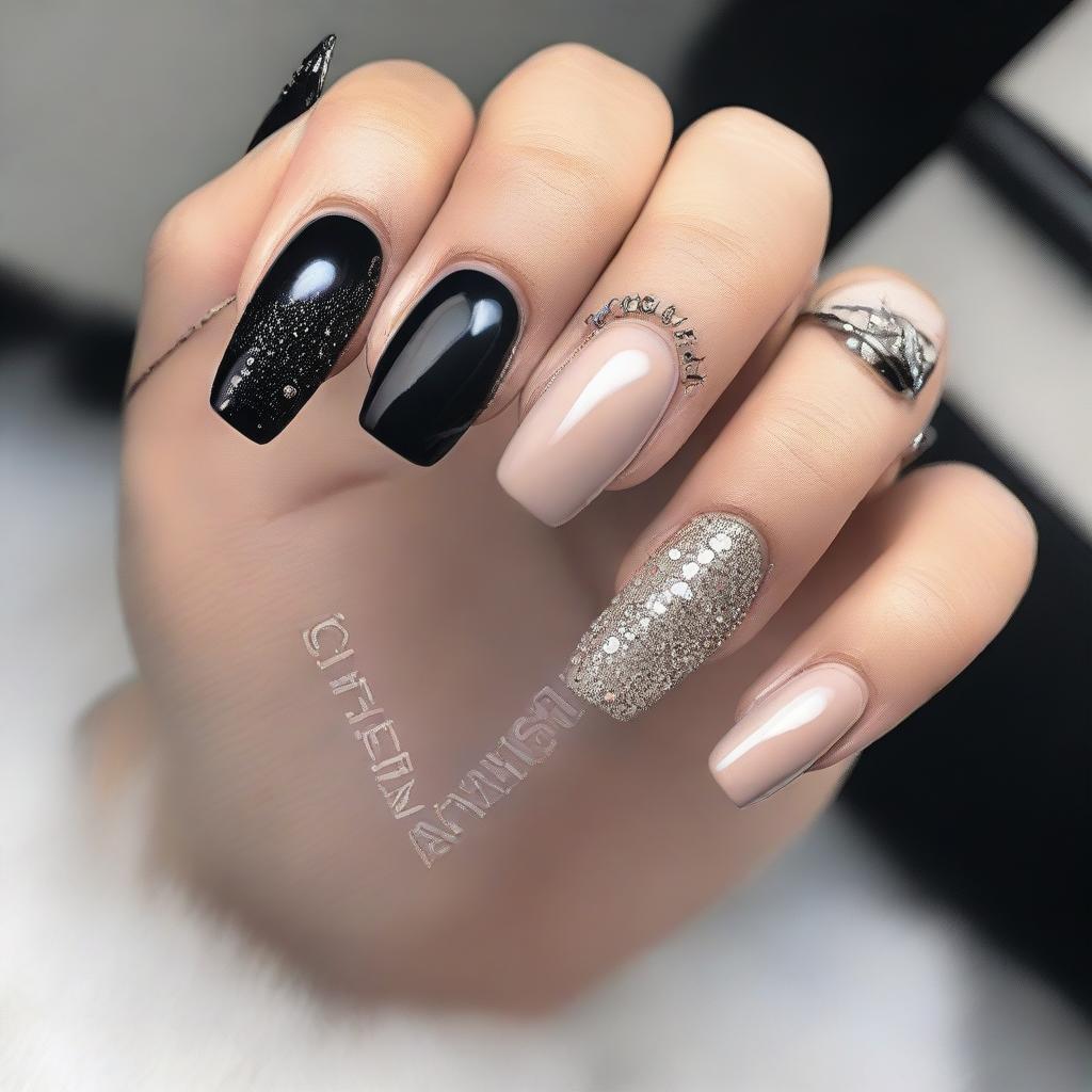 Chic Beige Nails with Black Details & Glitter