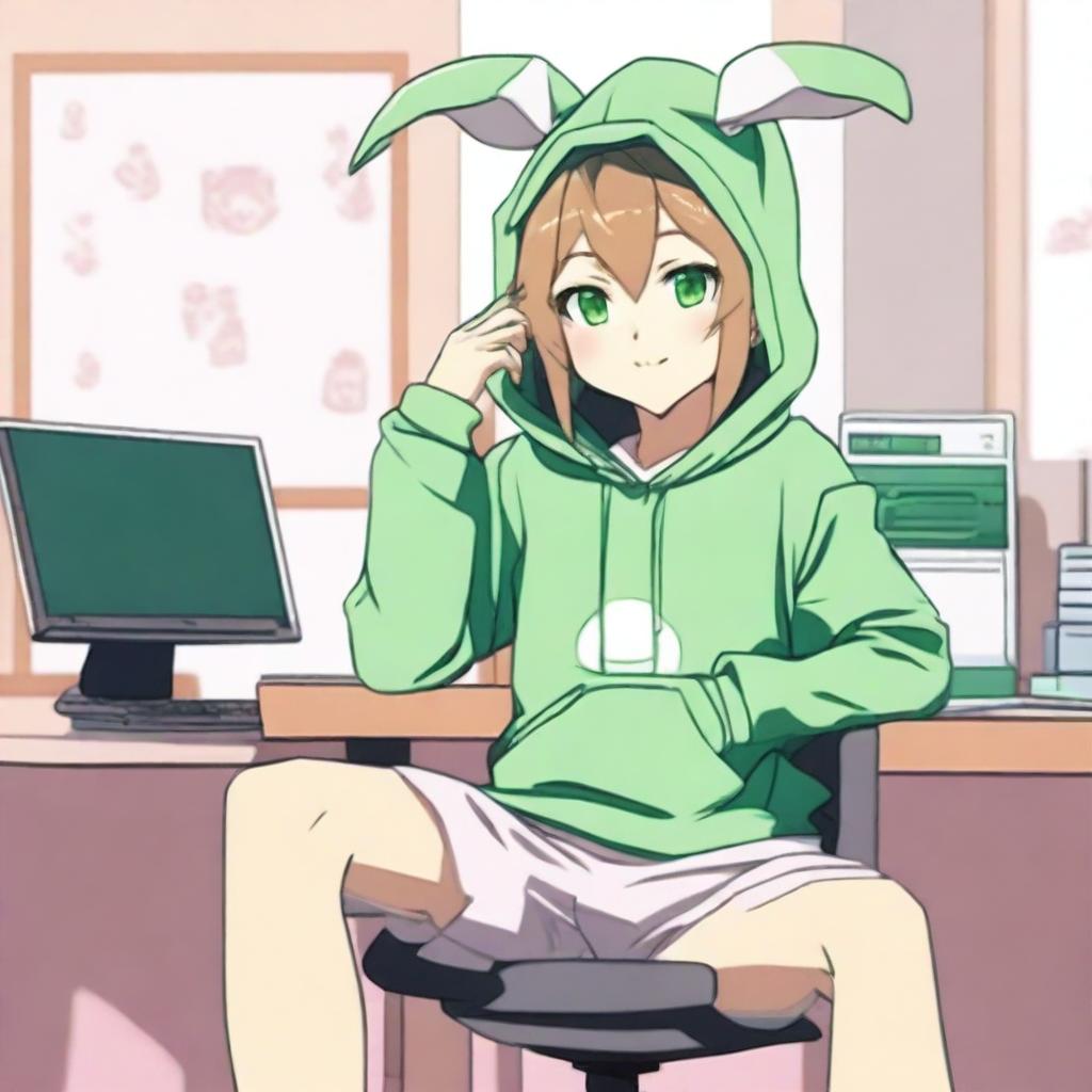 Cute Anime Boy in Rabbit Hoodie