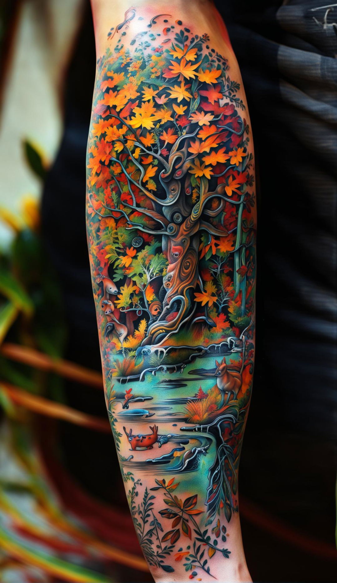 Intricate Nature Tattoo: Oak Tree, Squirrels, River & Deer