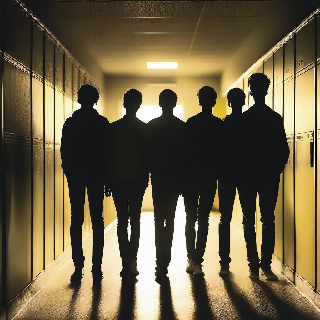 Mysterious Vibes: Four Young Men in a Dark School Hallway