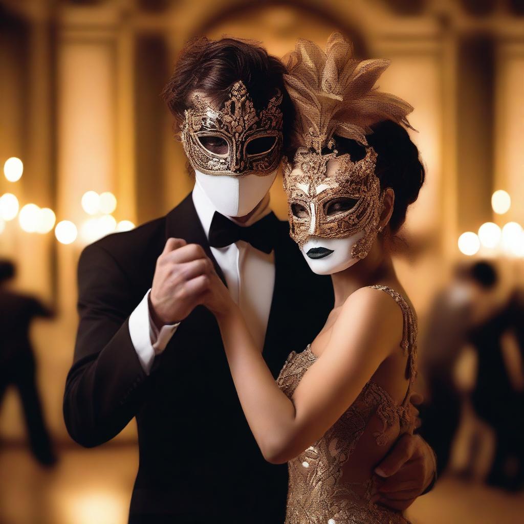 Elegant Romance: Couple at the Masked Ball