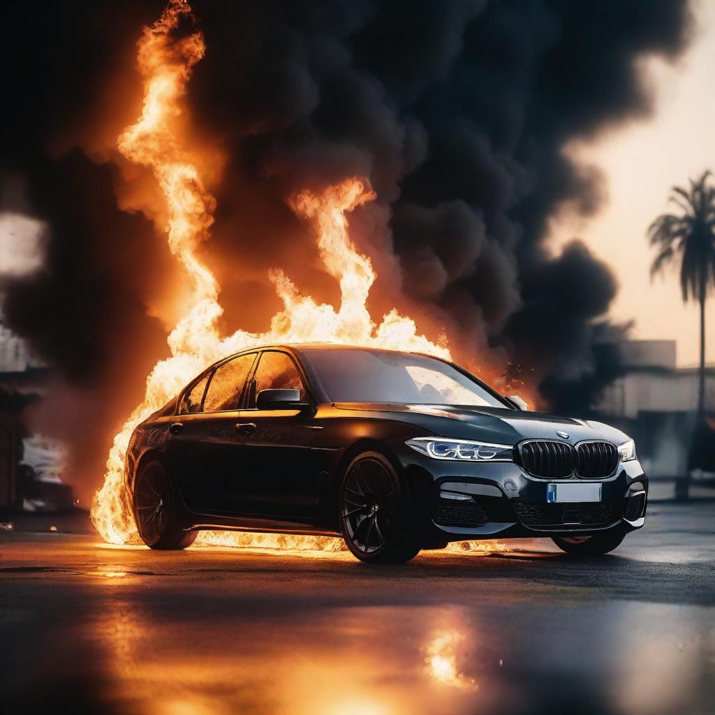 Fiery Showdown: Black BMW in Flames