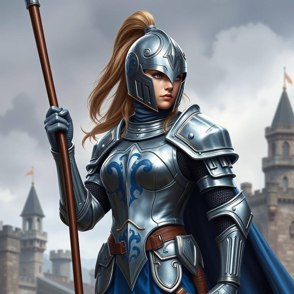 Fearless Female Knight in Silver and Blue Armor