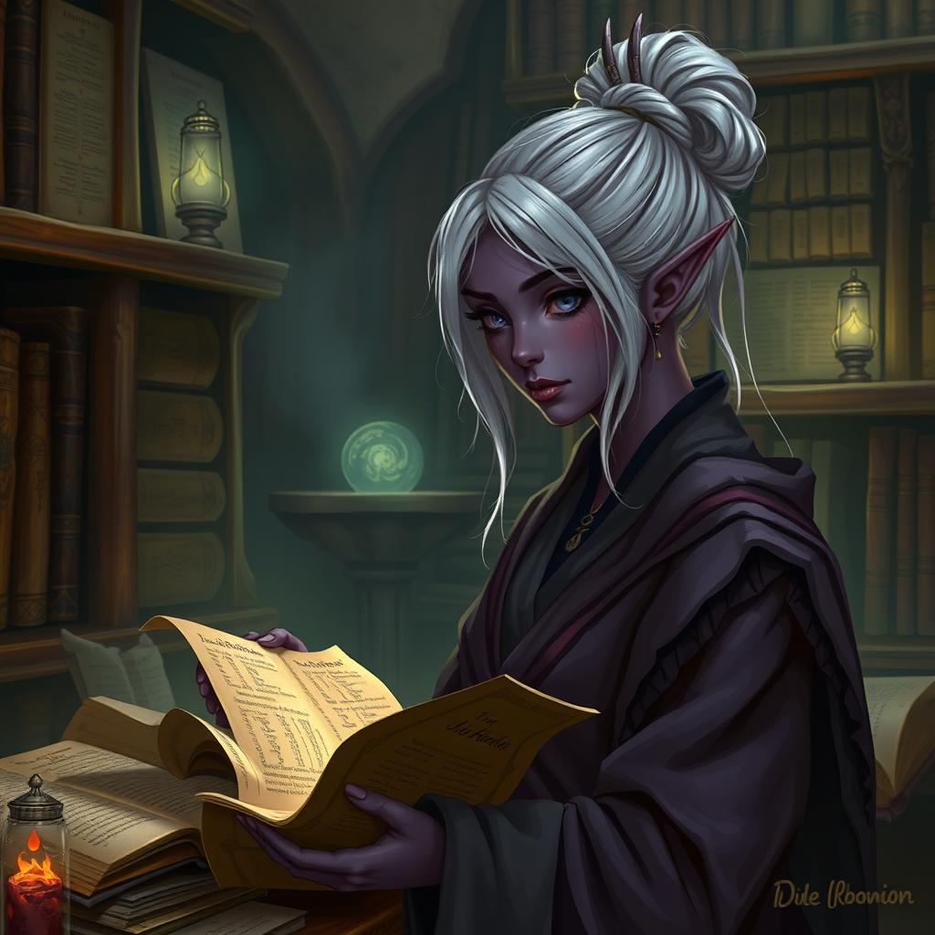 Enchanting Dark Elven Librarian in a Mystical Library