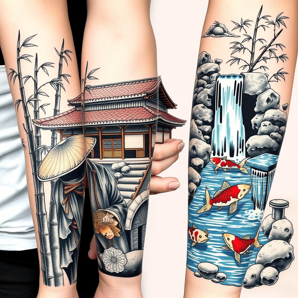 Arm Tattoo Design: Samurai Era House & Waterfall Bonsai