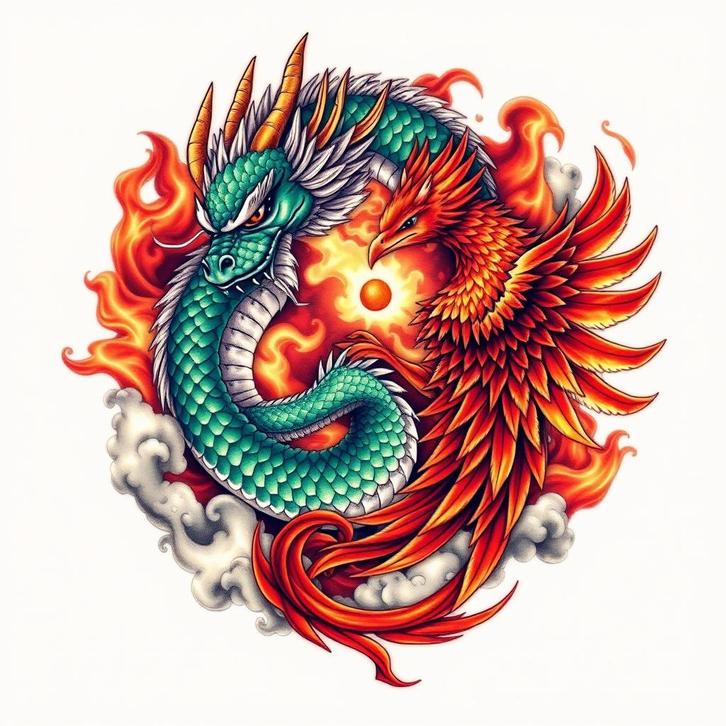 Intertwined Dragon and Phoenix Tattoo Design