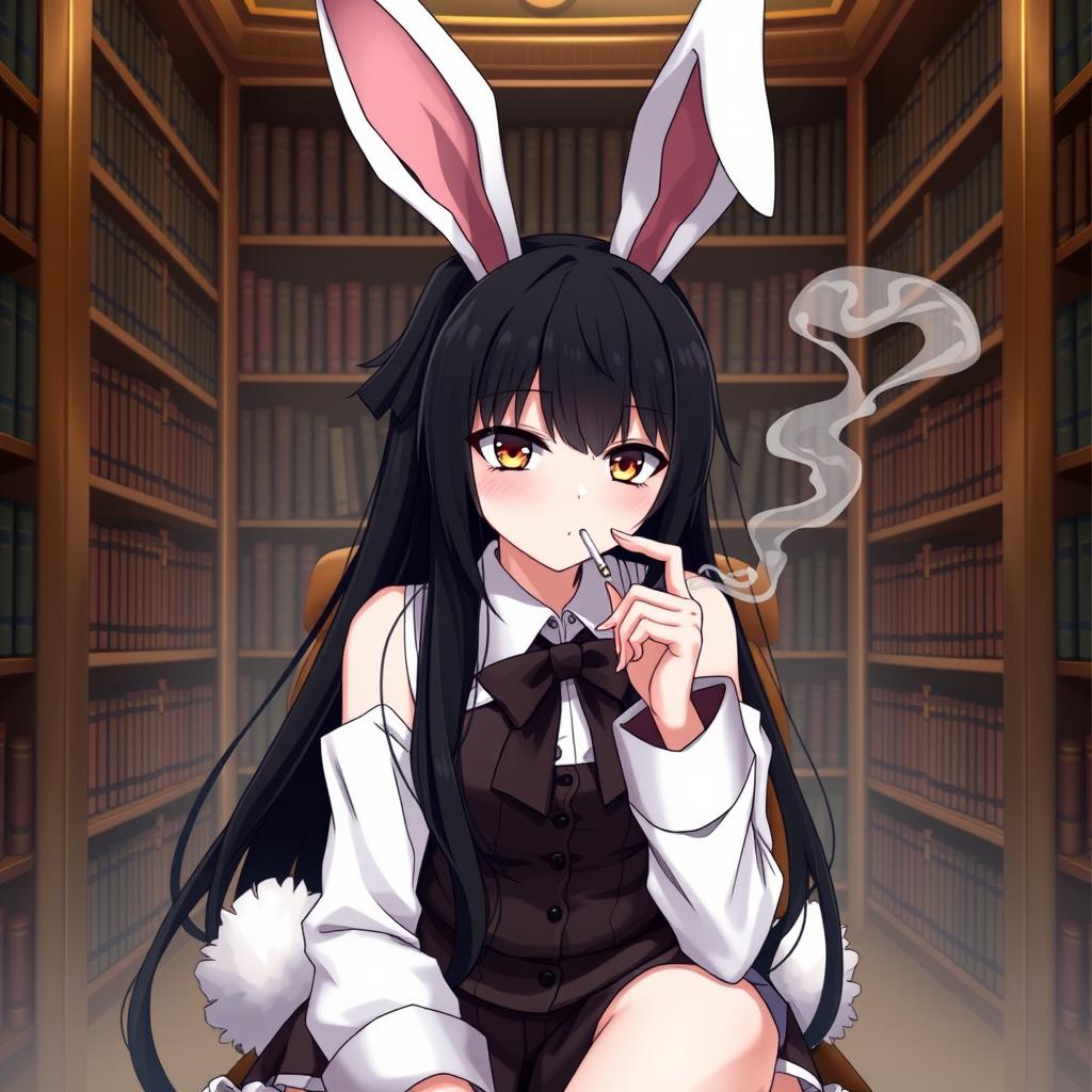 Bunny in the Stacks: A Whimsical Anime Scene