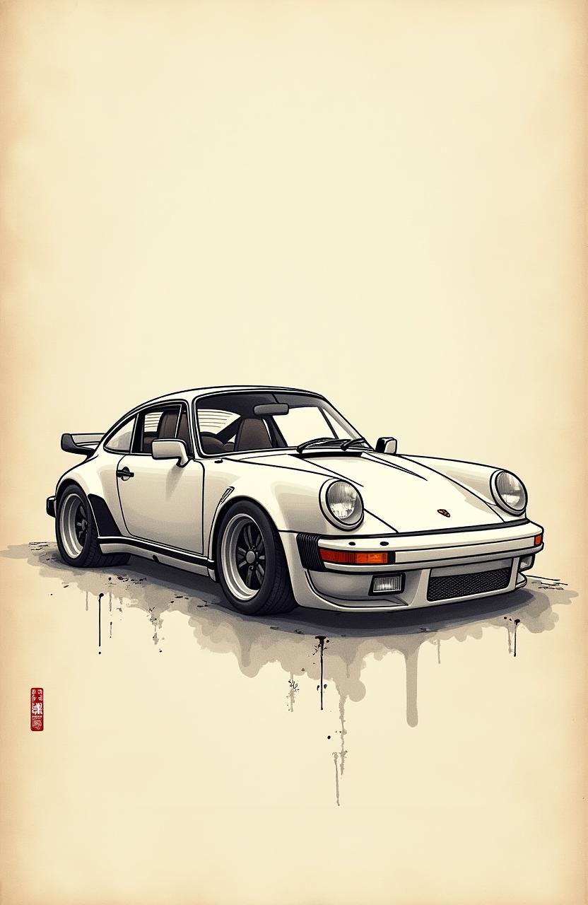 Stunning Ink Drawing of a Porsche 911 on Chinese Parchment