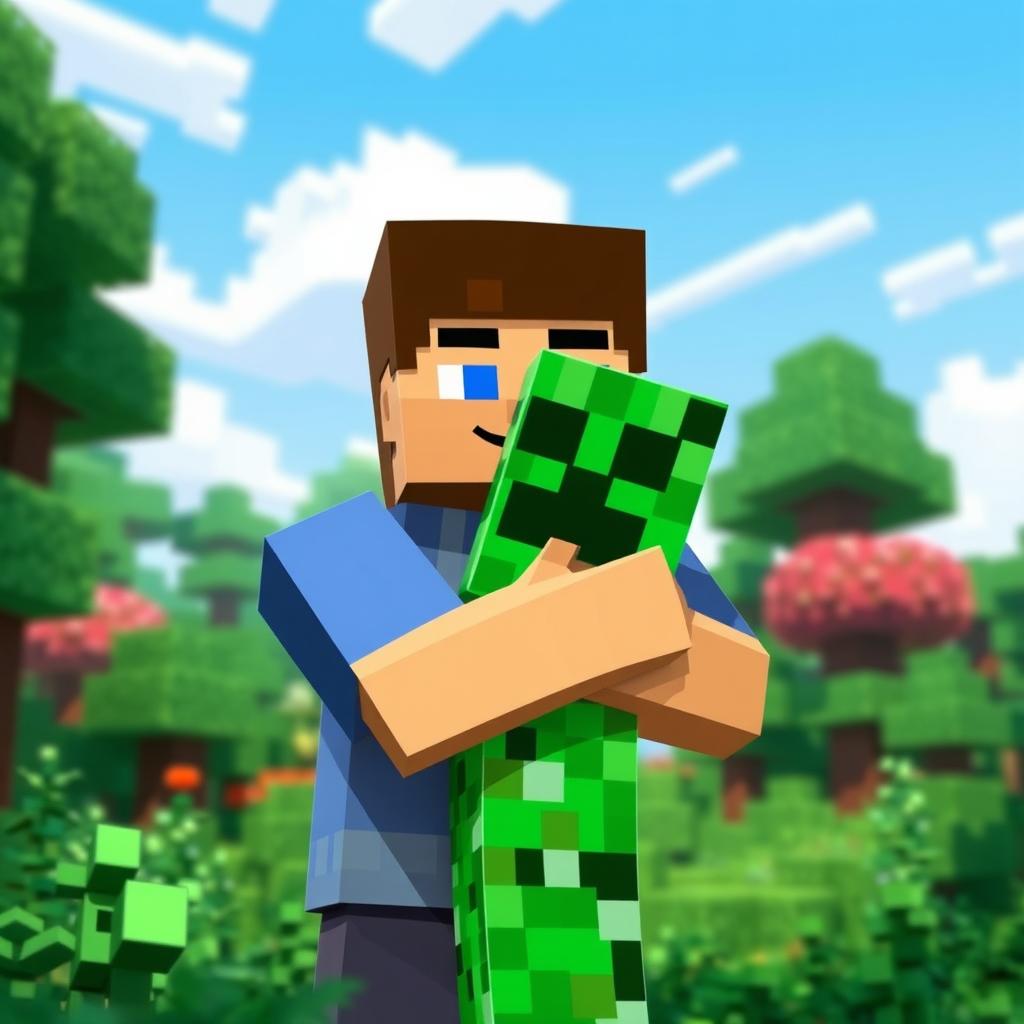 Unlikely Friends: Minecraft Steve Hugs a Creeper