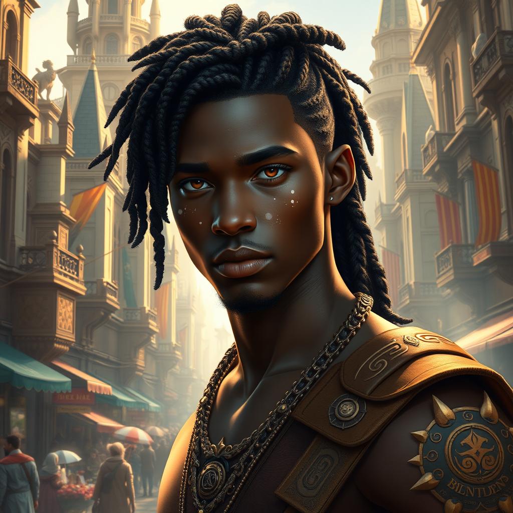 Ethereal Sophistication: Dark-Skinned Aasimar with Freckles
