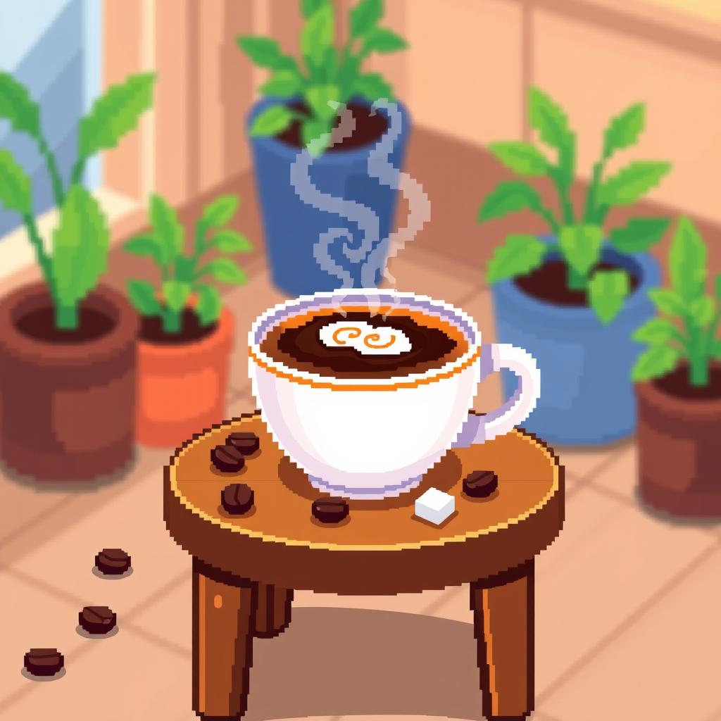 Cozy Pixel Art: Steaming Cup of Coffee