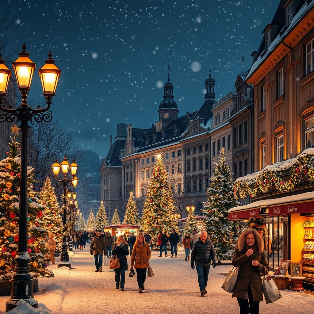 Enchanting Snowy Cityscape: Christmas Night Wonders