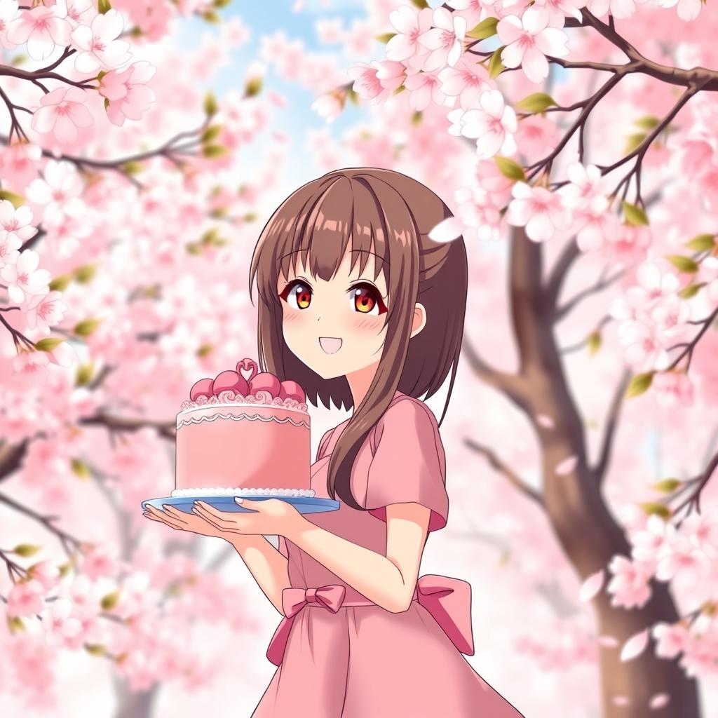 Sweet Moments: Anime Girl with Pink Cake