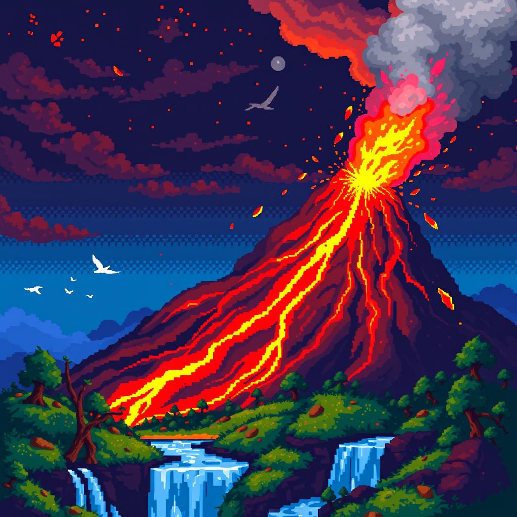 Erupting Volcano in Pixel Art Glory