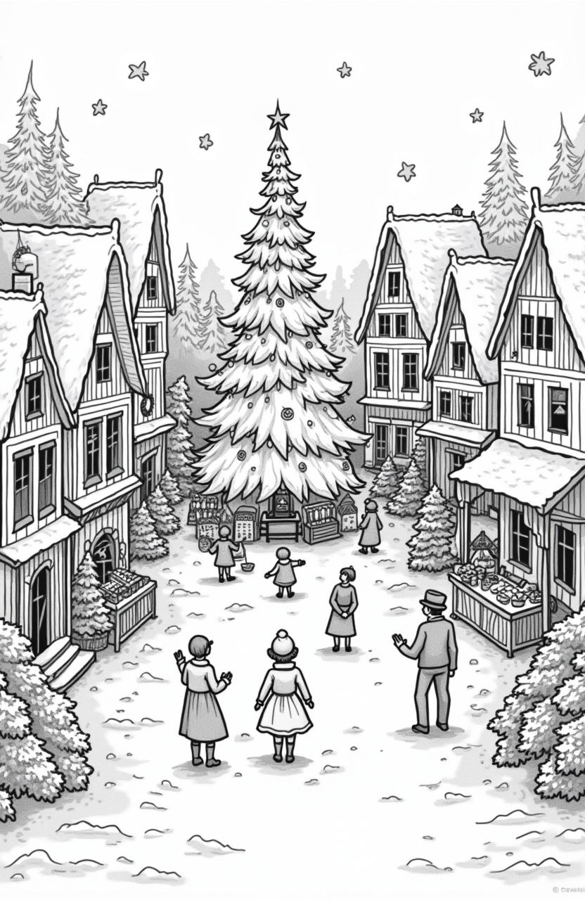 Charming Christmas Village Scene - Coloring Fun!