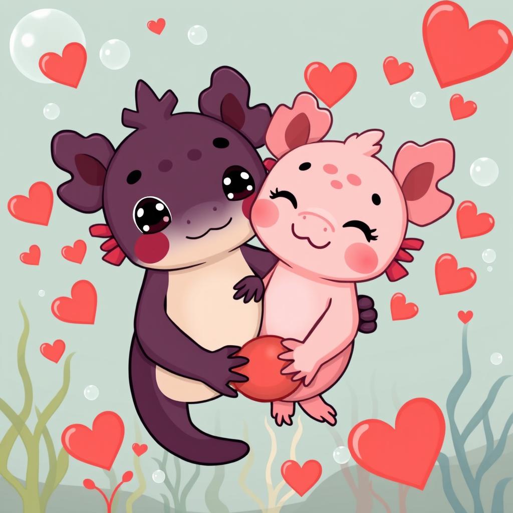 Sweet Embrace: Adorable Cartoon Axolotls