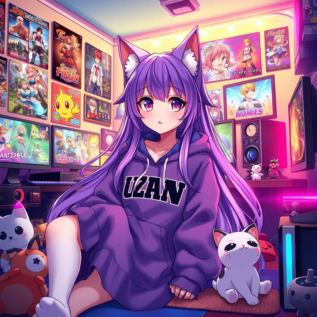 Enchanting Anime Cat Girl with Purple Hair