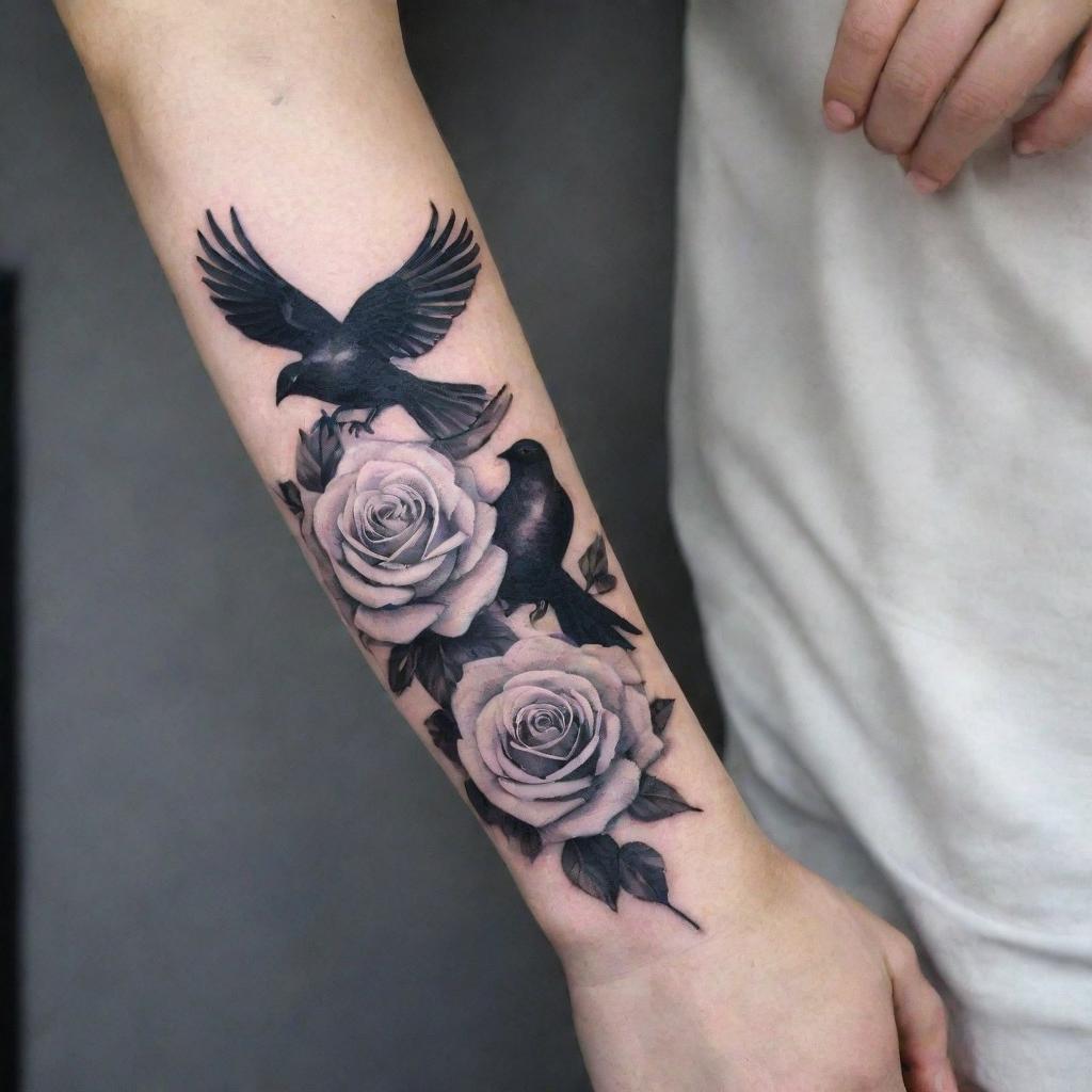 Vibrant White Rose Forearm Tattoo with Black Doves