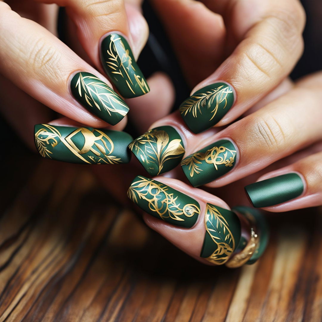 Matte Forest Green Nails with Gold Leaf and Emerald Embellishment