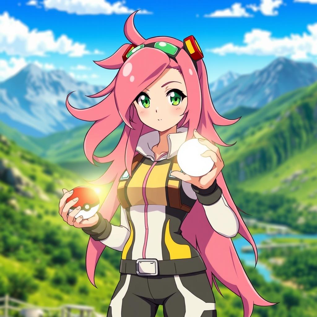 Confident Anime Heroine with Glowing Pokeball
