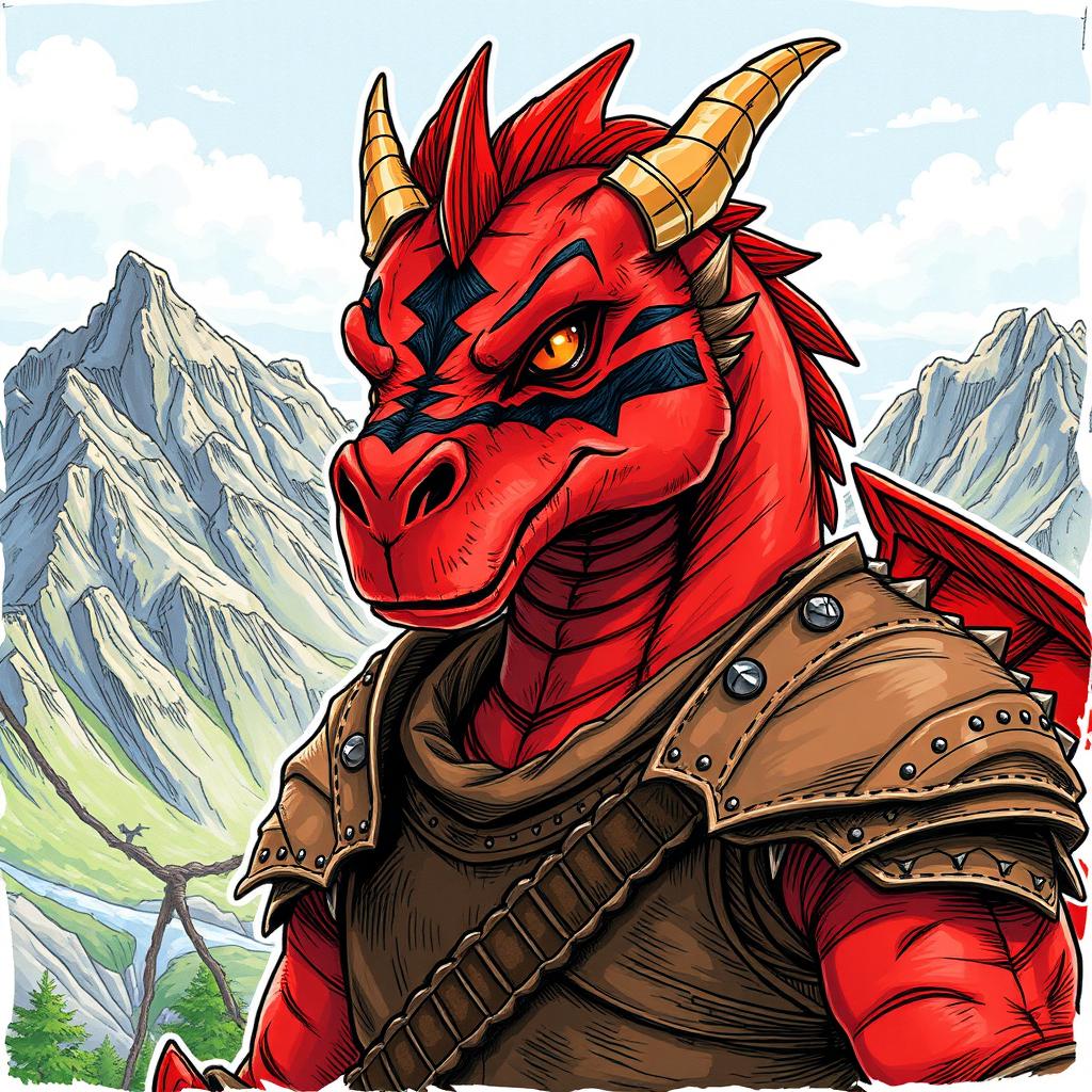 Majestic Red Dragonborn in Rugged Mountains