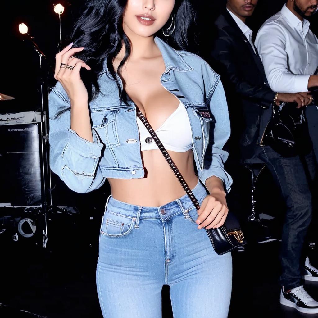 Trendy Urban Style: Celebrity Model in Blue Crop Top