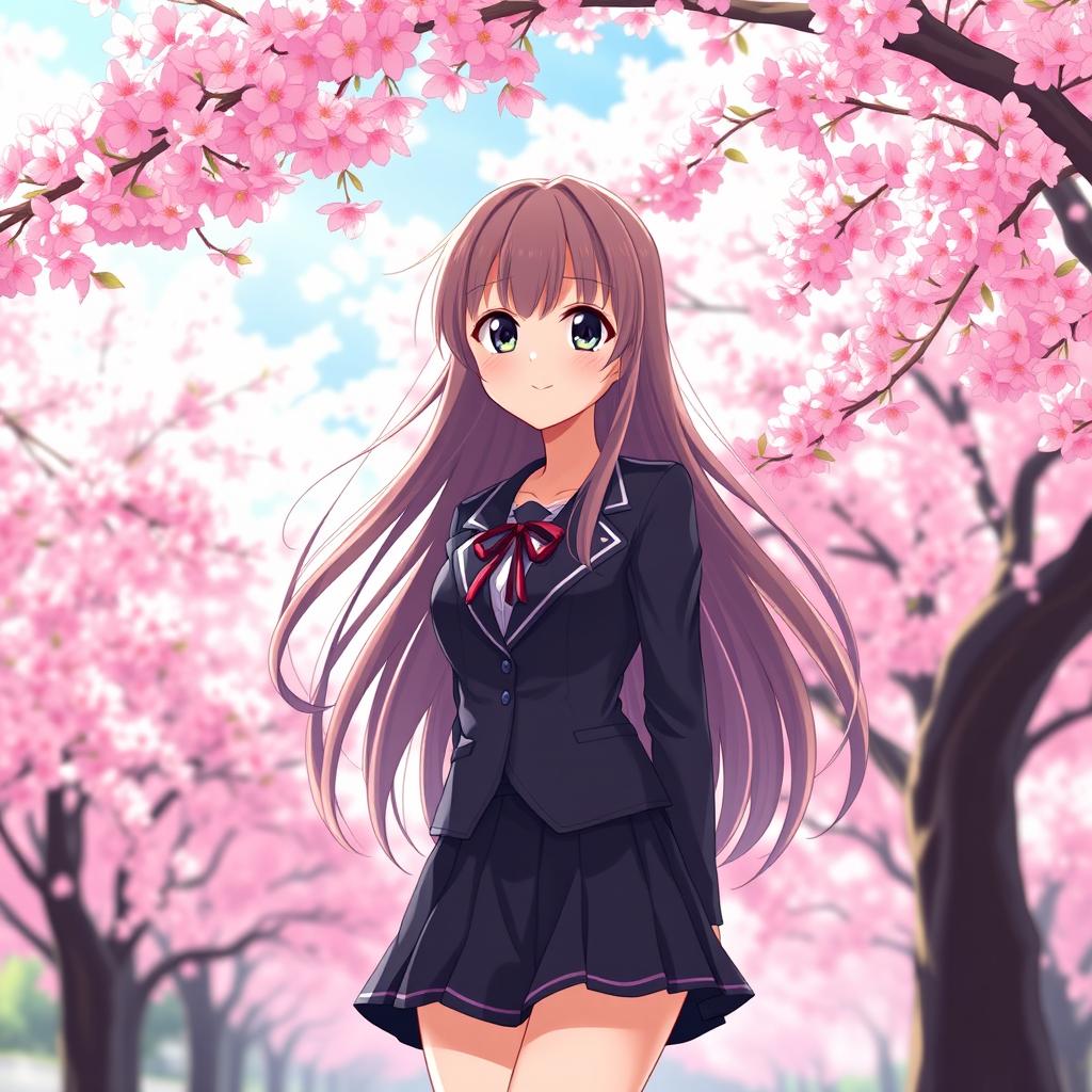 Confident Anime High School Girl Under Cherry Blossoms