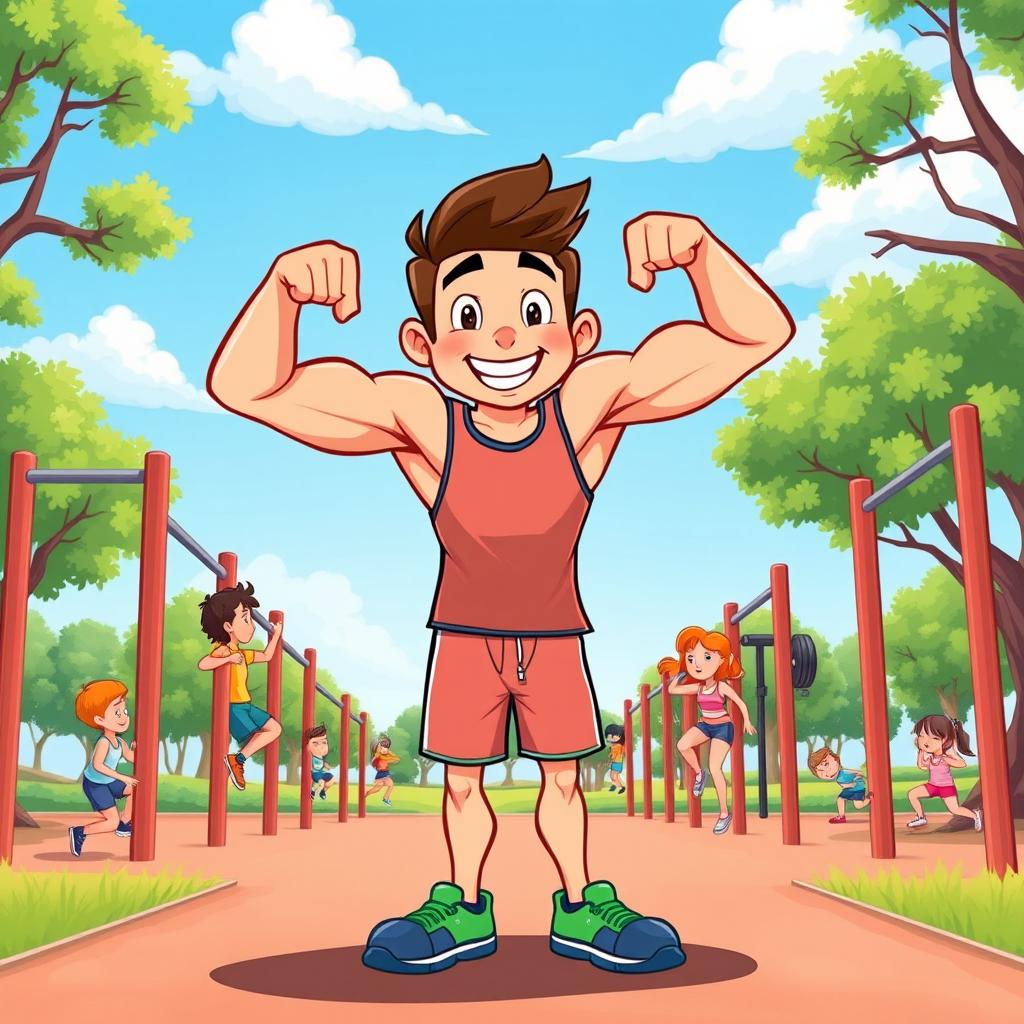 Unleash Your Strength: Cartoon Character Flexing in Calisthenics Park
