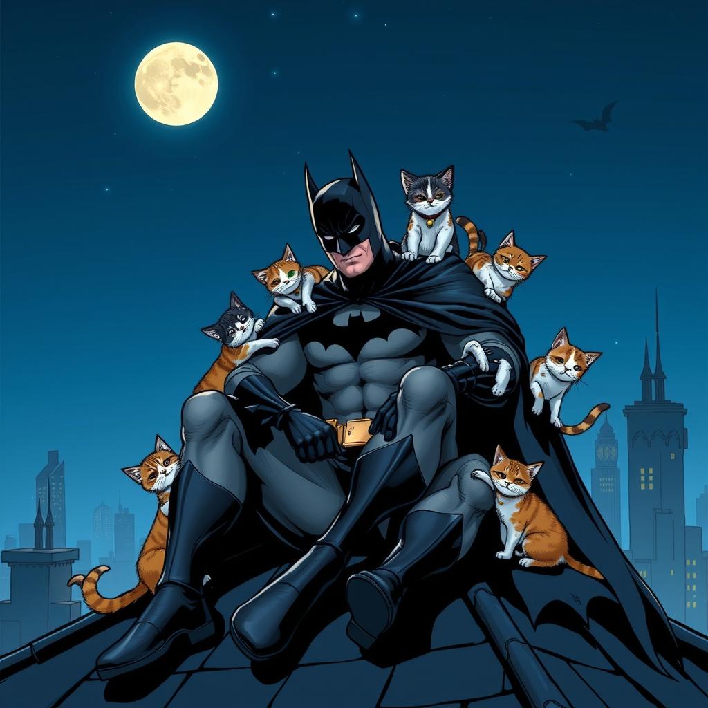 Batman on a Rooftop with Cats