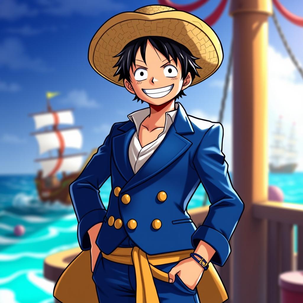 Stylish Luffy-Inspired Character in Blue Suit