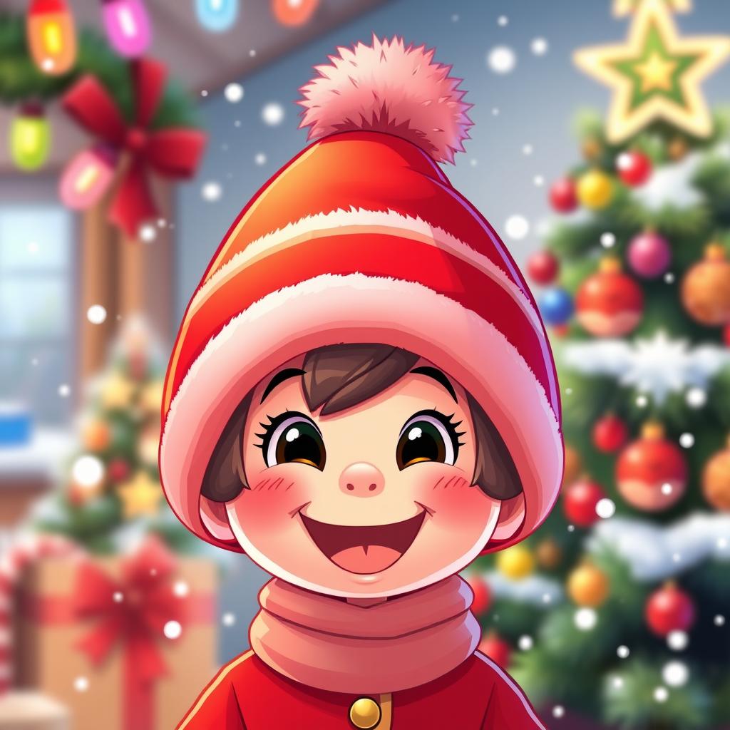 Festive Cartoon Character in a Red Christmas Hat