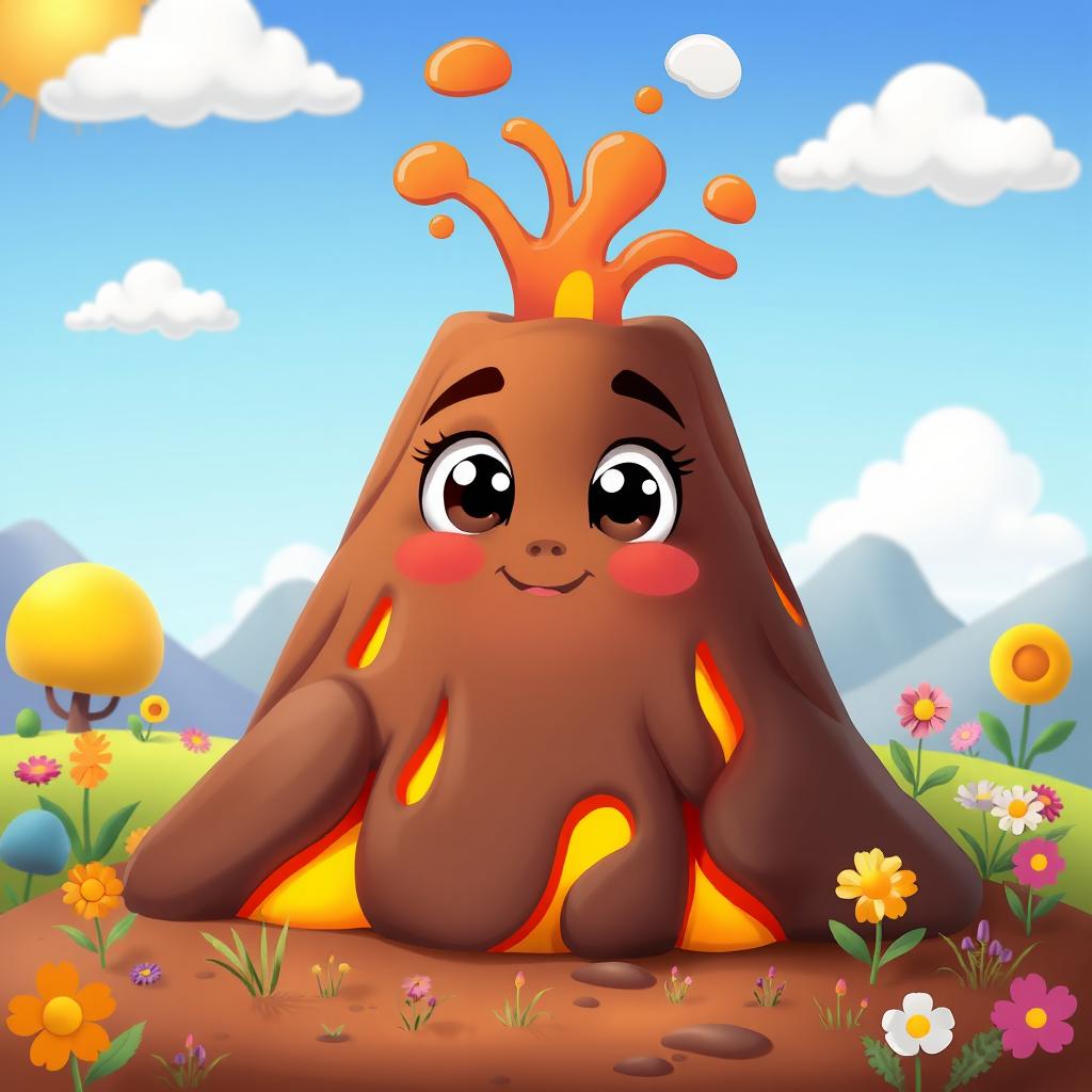 Adorable Cartoon Volcano: Big Eyes & Vibrant Landscape