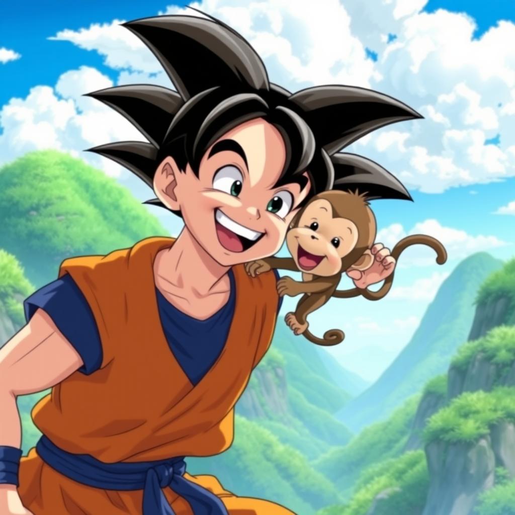 Gokus Playful Adventure with a Cheerful Monkey