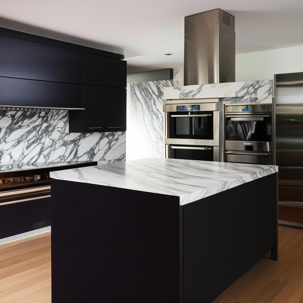 Sleek Modern Black Kitchen with Calacatta Marble Island